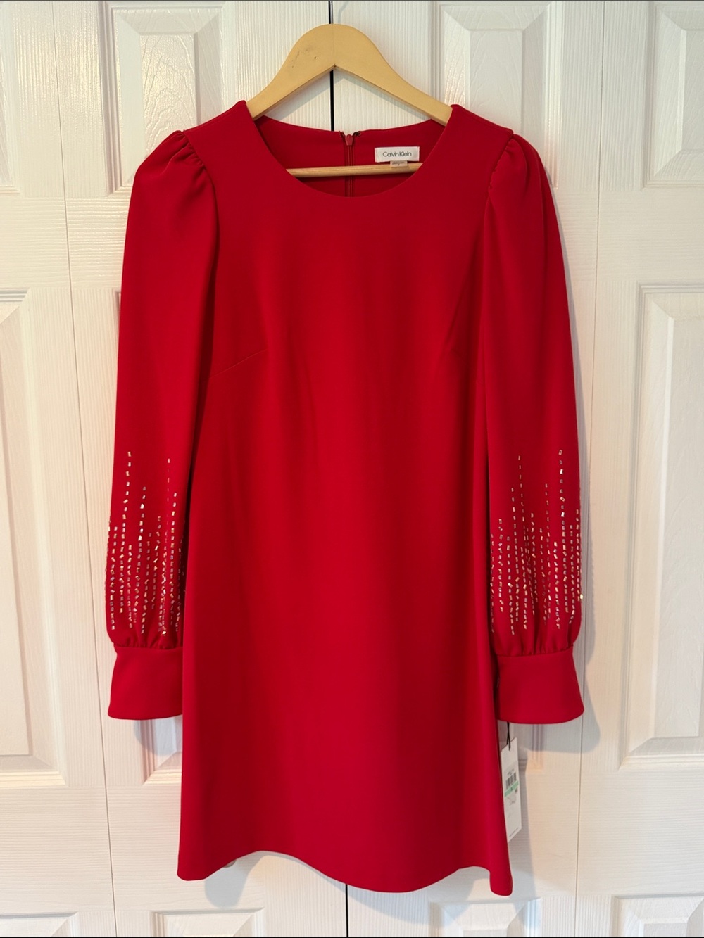 Calvin Klein Red Long-Sleeve Embellished A-Line Dress